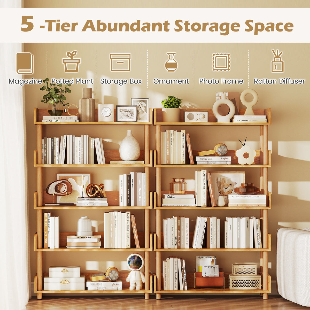 5-Tier Wooden Bookshelf with Sturdy Pine Wood Posts and Elevated Guardrails for Living Room-Natrual