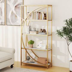 5-Tier Industrial Etagere Bookshelf with Open Storage Shelves and Arc-Shaped Design-White