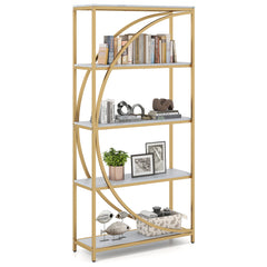 5-Tier Industrial Etagere Bookshelf with Open Storage Shelves and Arc-Shaped Design-White