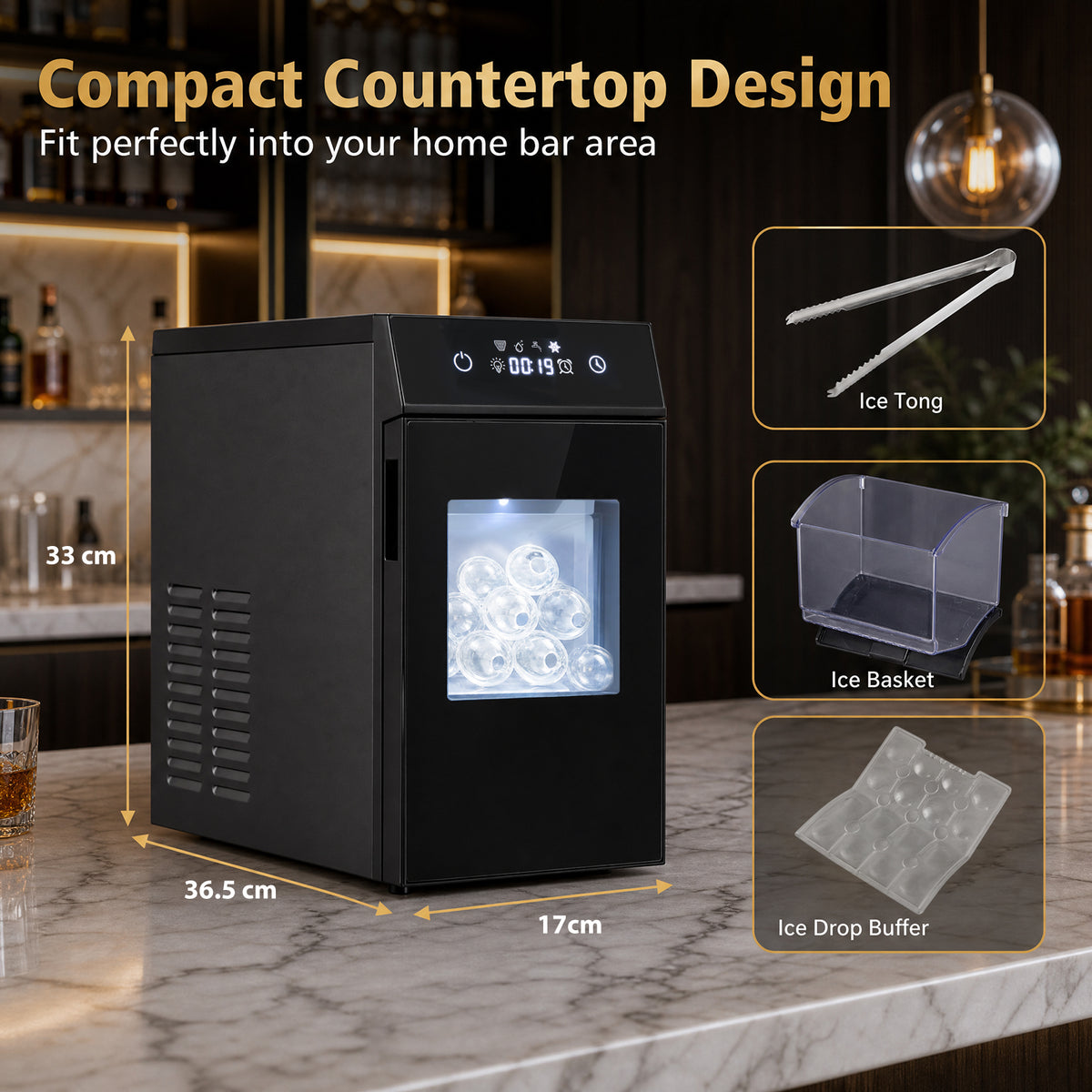 5 cm Ice Ball Maker with Self-Cleaning and 8H Timer for Whiskey Bourbon-Black