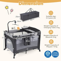 The infant bed with dimension labels and safety certification icons