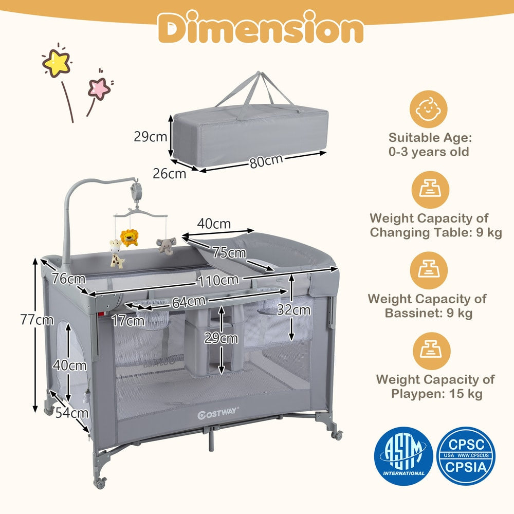 The infant bedside sleeper with technical diagrams and dimension labels