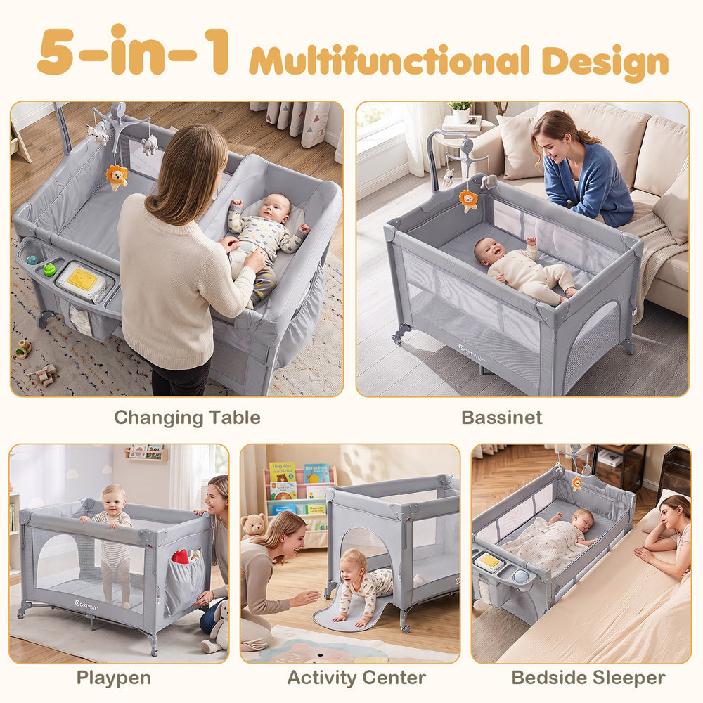 The infant bedside sleeper shown in five different functional modes