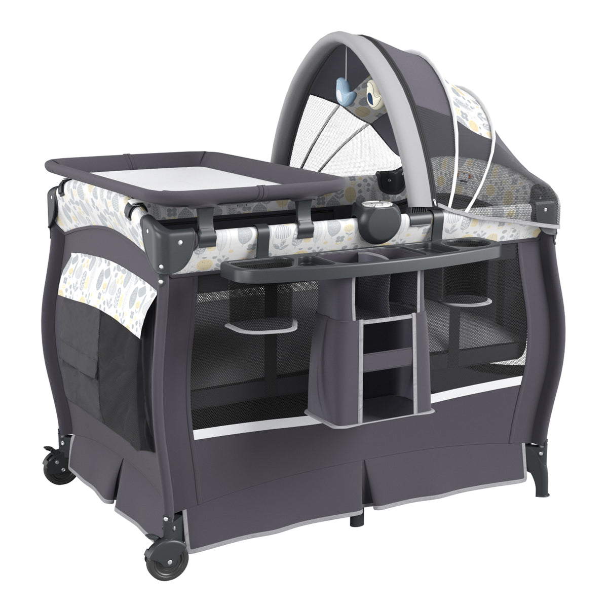 The portable bassinet showing the side storage organiser, canopy and changing table attachment