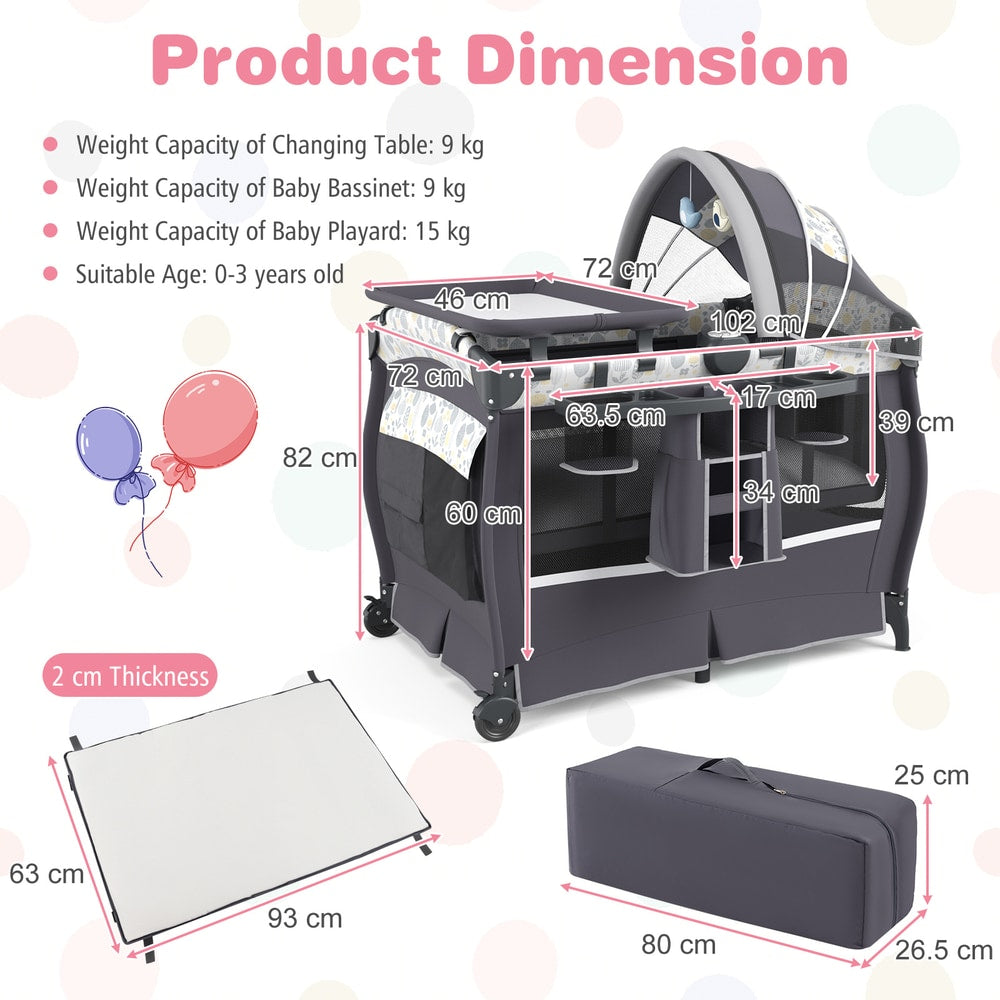 The baby playard with annotated dimensions for the frame, mattress and carry bag