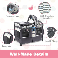 5 in 1 Portable Pack and Play, the nursery sleeper highlighting the hanging toys, mesh sides, storage pocket and wheels