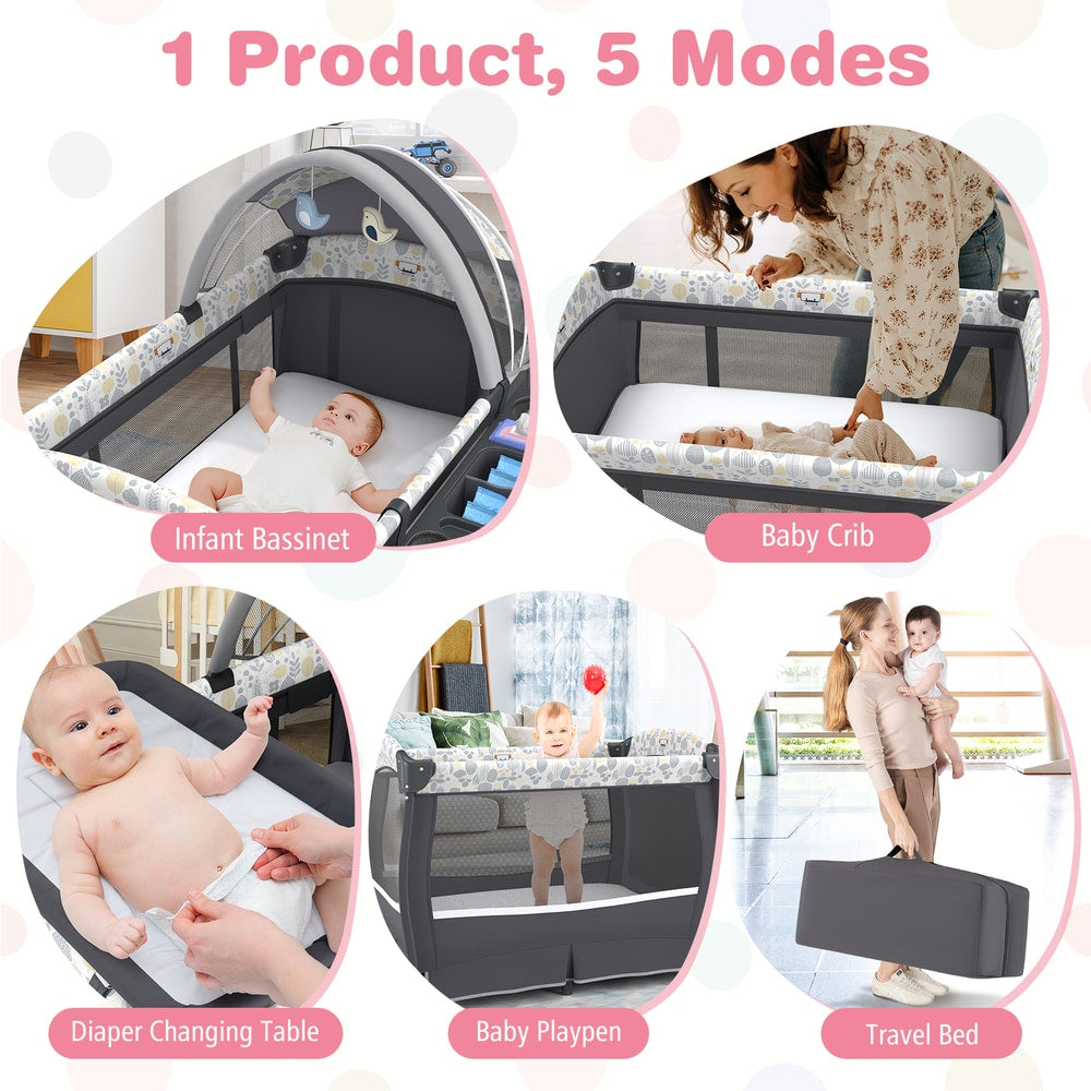 The versatile baby bed showing five different modes of use including bassinet and playpen