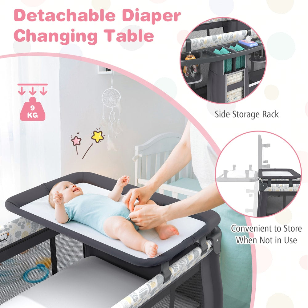 The detachable changing table being used by a parent with a baby on the mattress