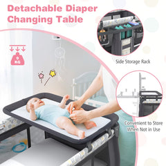 The detachable changing table being used by a parent with a baby on the mattress