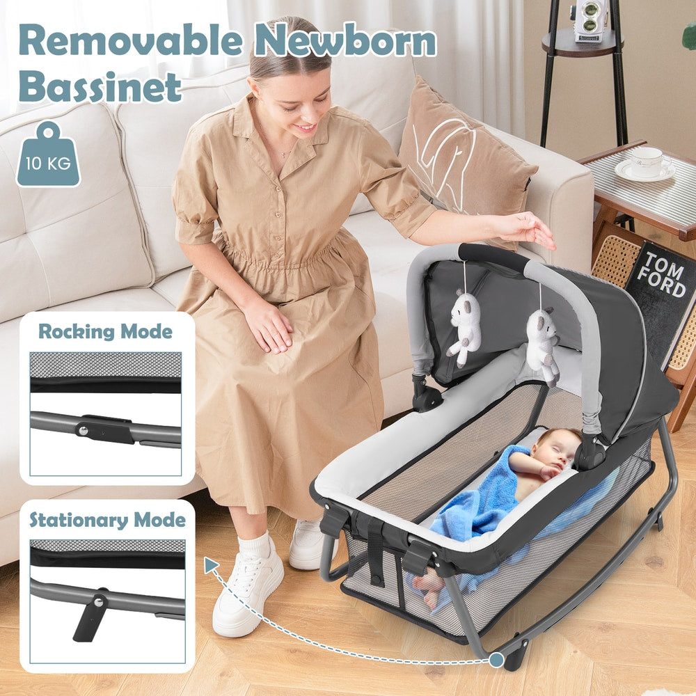 Removable newborn bassinet attachment for the foldable pack and play, shown in rocking and stationary modes