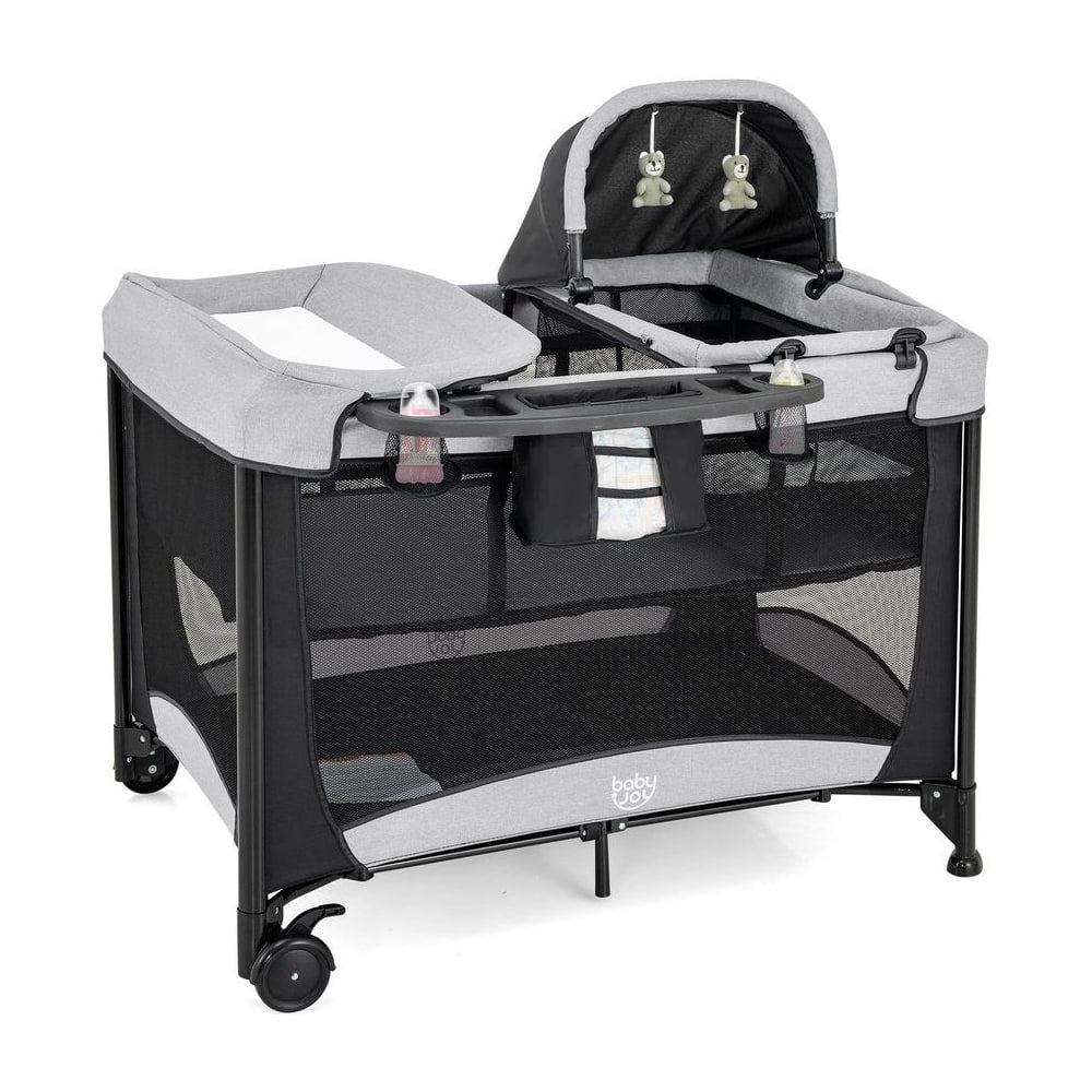 5 in 1 Portable Nursery Center in black with grey trim, showing the bassinet and changing station attached