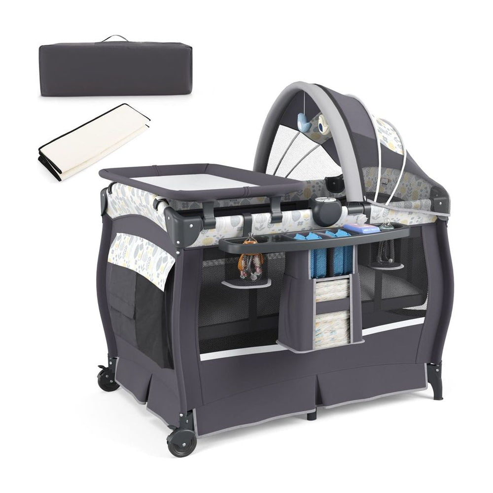 5 in 1 Portable Pack and Play with a changing table, canopy, storage organiser and carry bag