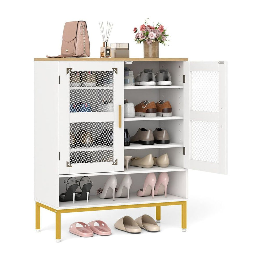 5-Tier Shoe Cabinet with Mesh Doors and Adjustable Shelves filled with various footwear