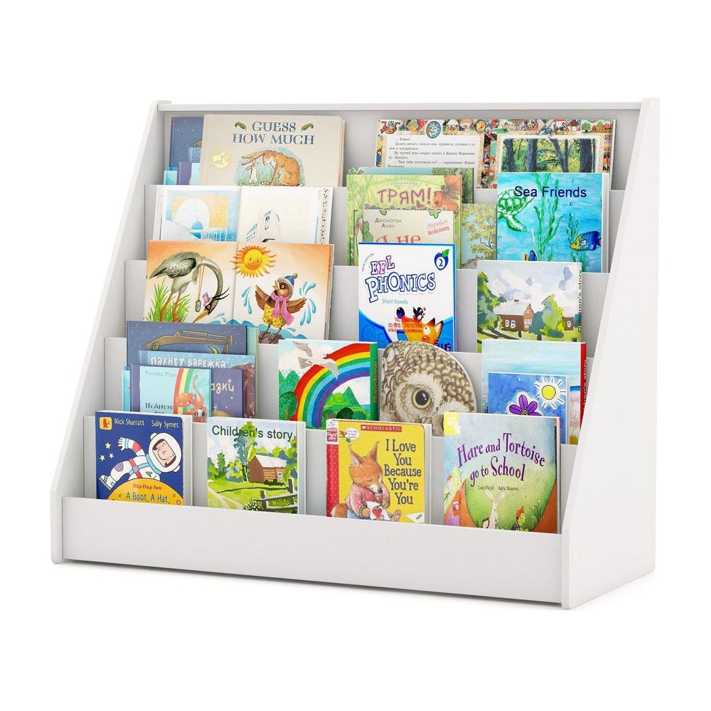 5-Tier Wooden Toddler Book Shelf Stand with Deep Compartments in white, filled with children's books