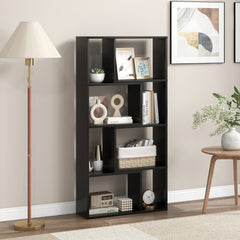 The bookcase standing in a bright living room next to a floor lamp and a small wooden side table