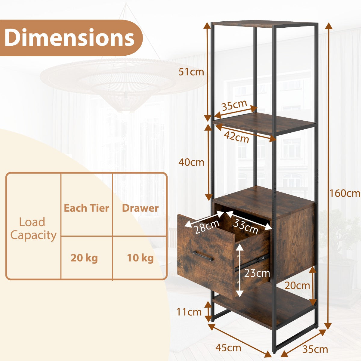 5-Tier Tall Narrow Bookcase Bookshelf with Drawer Shelves-Rustic Brown