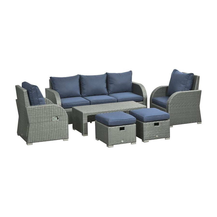 Outsunny Six-piece Outdoor Rattan Dining Set, Outdoor Sofa Set with Reclining Armchairs and Mental Frame, Blue