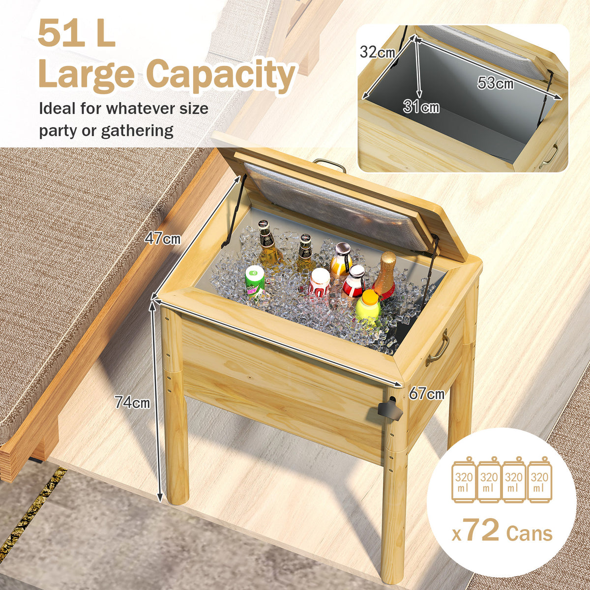 51L Wooden Patio Cooler Outdoor Beverage Cooler with Bottle Opener-Natural