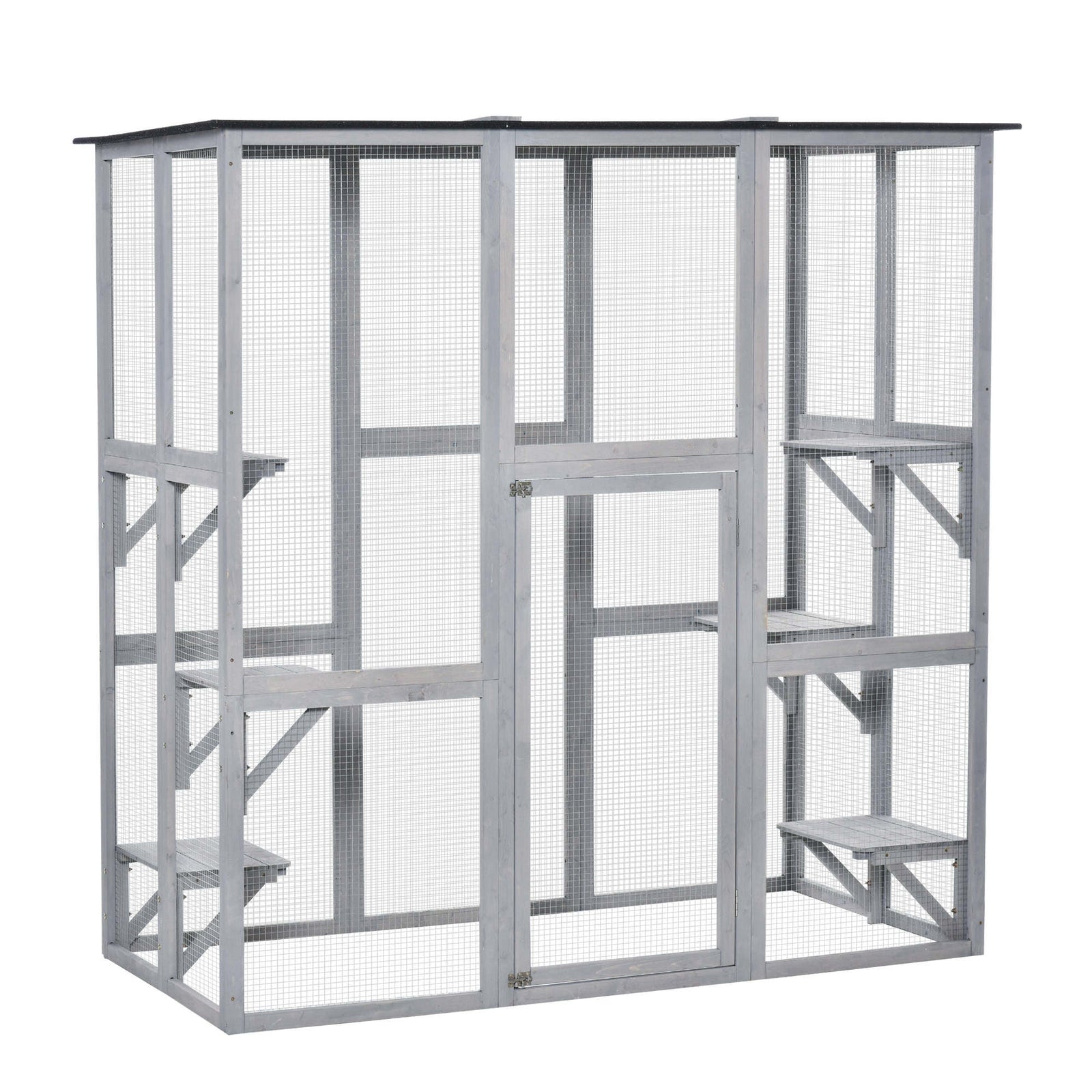 PawHut Wooden Catio Cat Outdoor Enclosure, Cat Cage with Waterproof Roof, Platforms, for Multiple Kittens, 180 x 98 x 180 cm