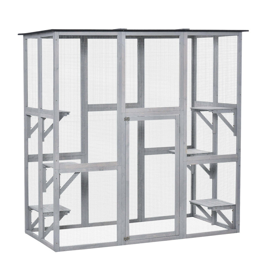PawHut Wooden Catio Cat Outdoor Enclosure, Cat Cage with Waterproof Roof, Platforms, for Multiple Kittens, 180 x 98 x 180 cm
