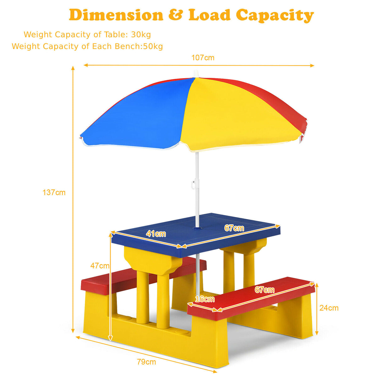 Kids Picnic Table Set with Removable Umbrella-Color