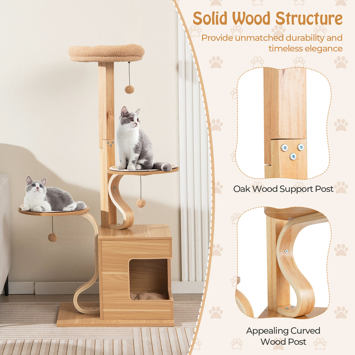 51 inches Wooden Cat Tree with Solid Wood Post and Curved Plywood Frame-Natural