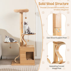 51 inches Wooden Cat Tree with Solid Wood Post and Curved Plywood Frame-Natural