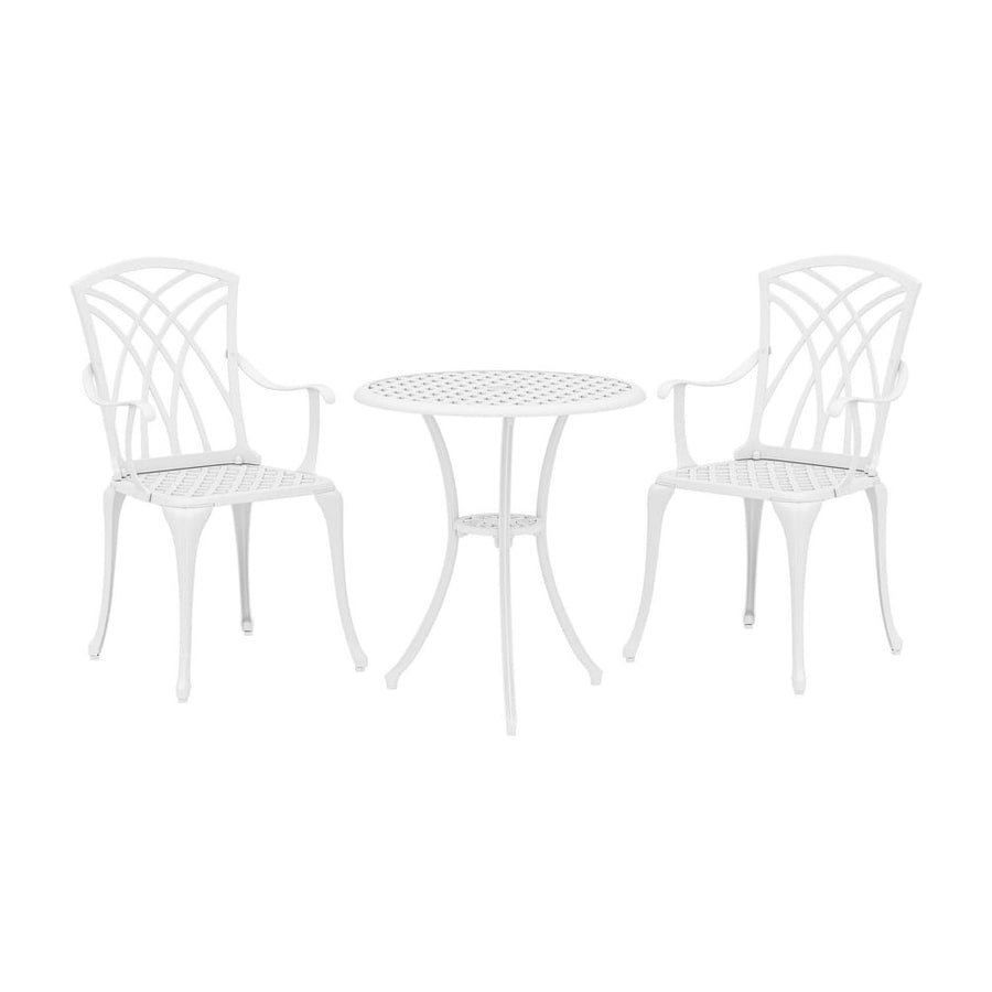 Outsunny 3 Pieces Garden Bistro Set, Cast Aluminium Outdoor Dining Set with 2 Chairs and Round Table with Parasol Hole, White