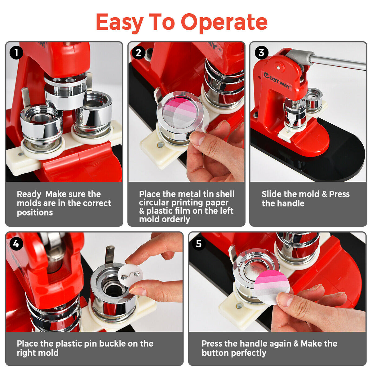 Step-by-step instructions for operating the badge making machine, showing mold placement and button pressing