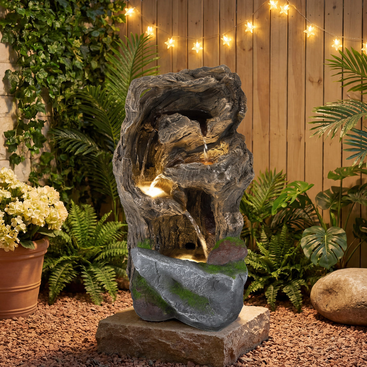 53cm Outdoor Water Fountain 4-Tier Tabletop Cascading Rock Waterfall Feature with 3 LED Lights and Pump