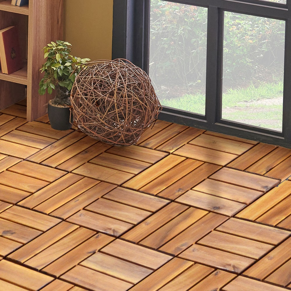 Close up of the wooden deck tiles laid on a floor