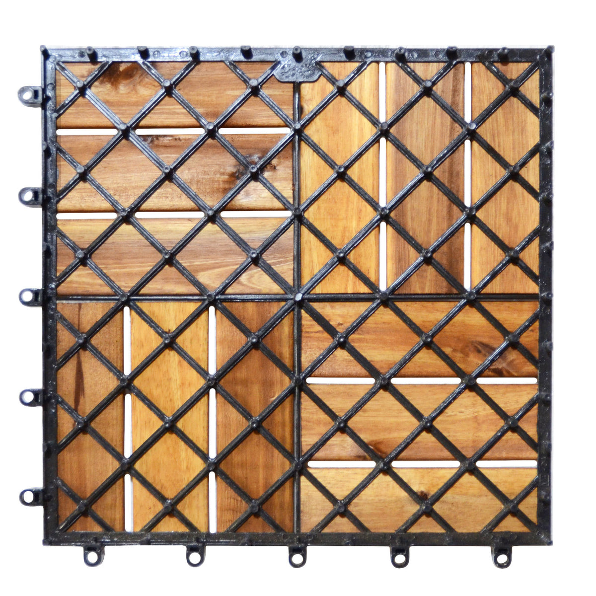 Four acacia wood deck tiles joined together showing the underside