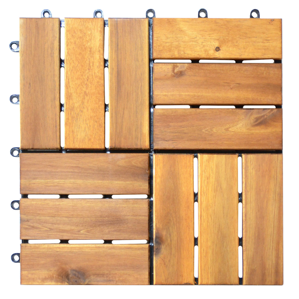 Four acacia wood deck tiles joined together showing the top surface