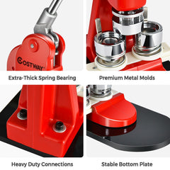 Close-up views of the badge making machine highlighting its heavy-duty connections and premium molds