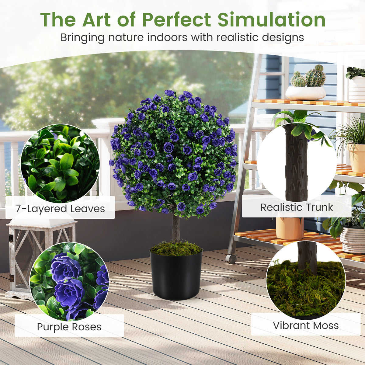 Set of 2 Artificial Purple Rose Topiary Ball Trees 55cm Faux Boxwood Ball Tree-Purple
