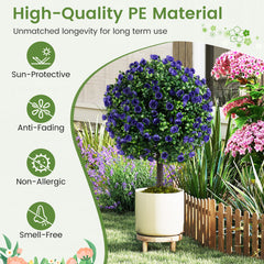 Set of 2 Artificial Purple Rose Topiary Ball Trees 55cm Faux Boxwood Ball Tree-Purple