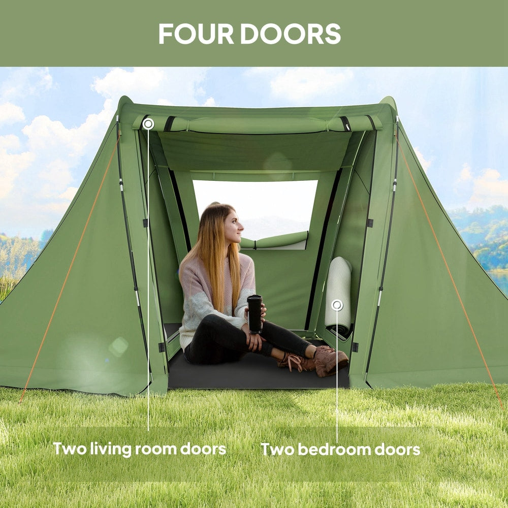 Inside the camping shelter showing two bedroom doors and two living room doors
