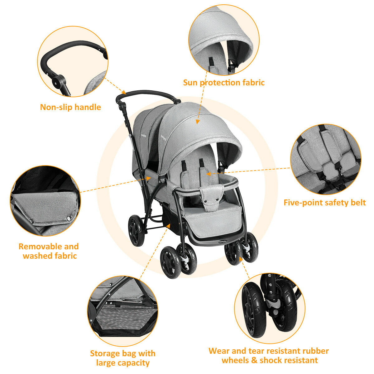Close-up details of the grey double pushchair including safety belt and storage bag