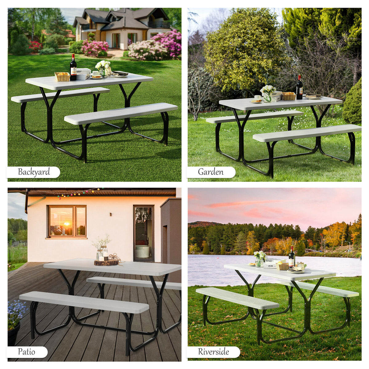 Picnic Table Bench Set with Metal Base Wood for Outdoor-White