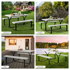 Picnic Table Bench Set with Metal Base Wood for Outdoor-White