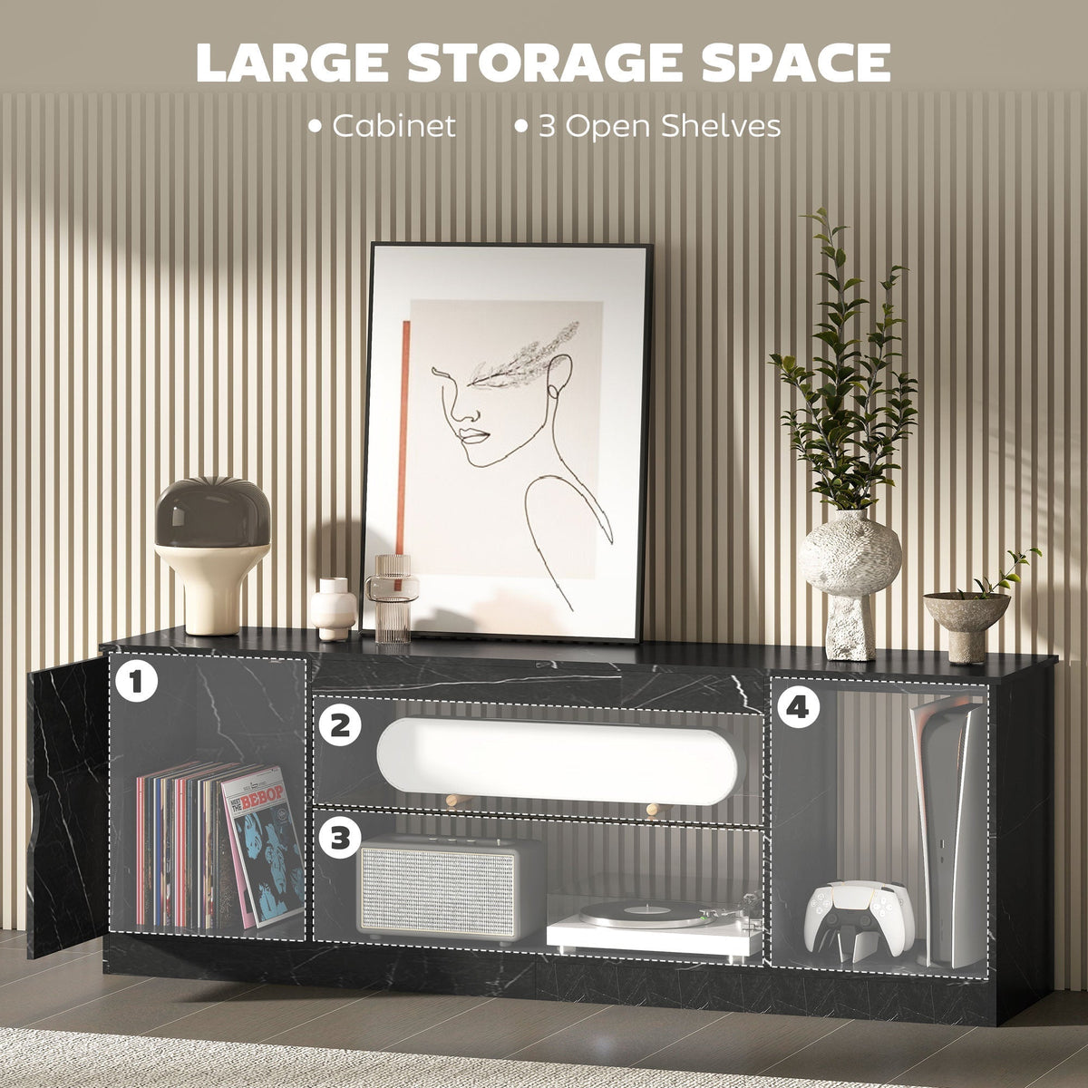 HOMCOM TV Stand Cabinet, Marble Effect TV Unit for up to 55" TVs with Glass Shelf and Storage Cabinet, Entertainment Unit for Living Room, Bedroom, Black