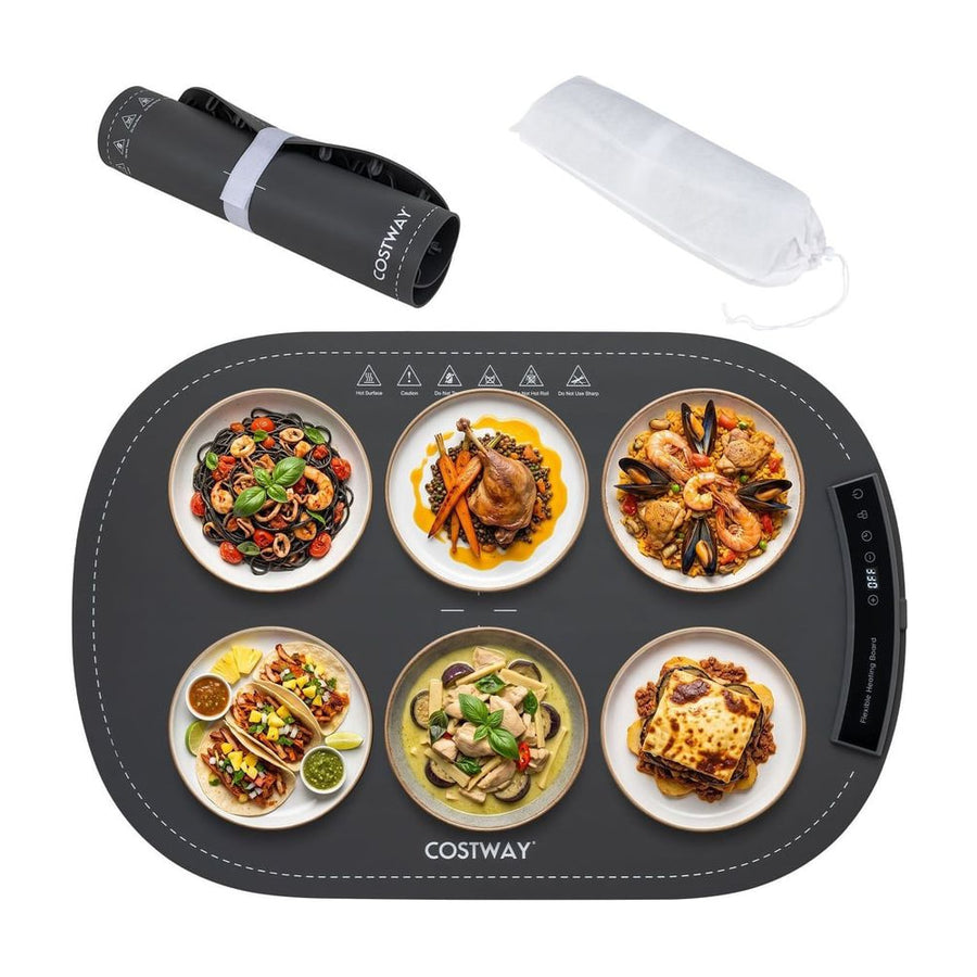 Food Warming Mat laid out flat with six dishes of food and a carrying bag next to it