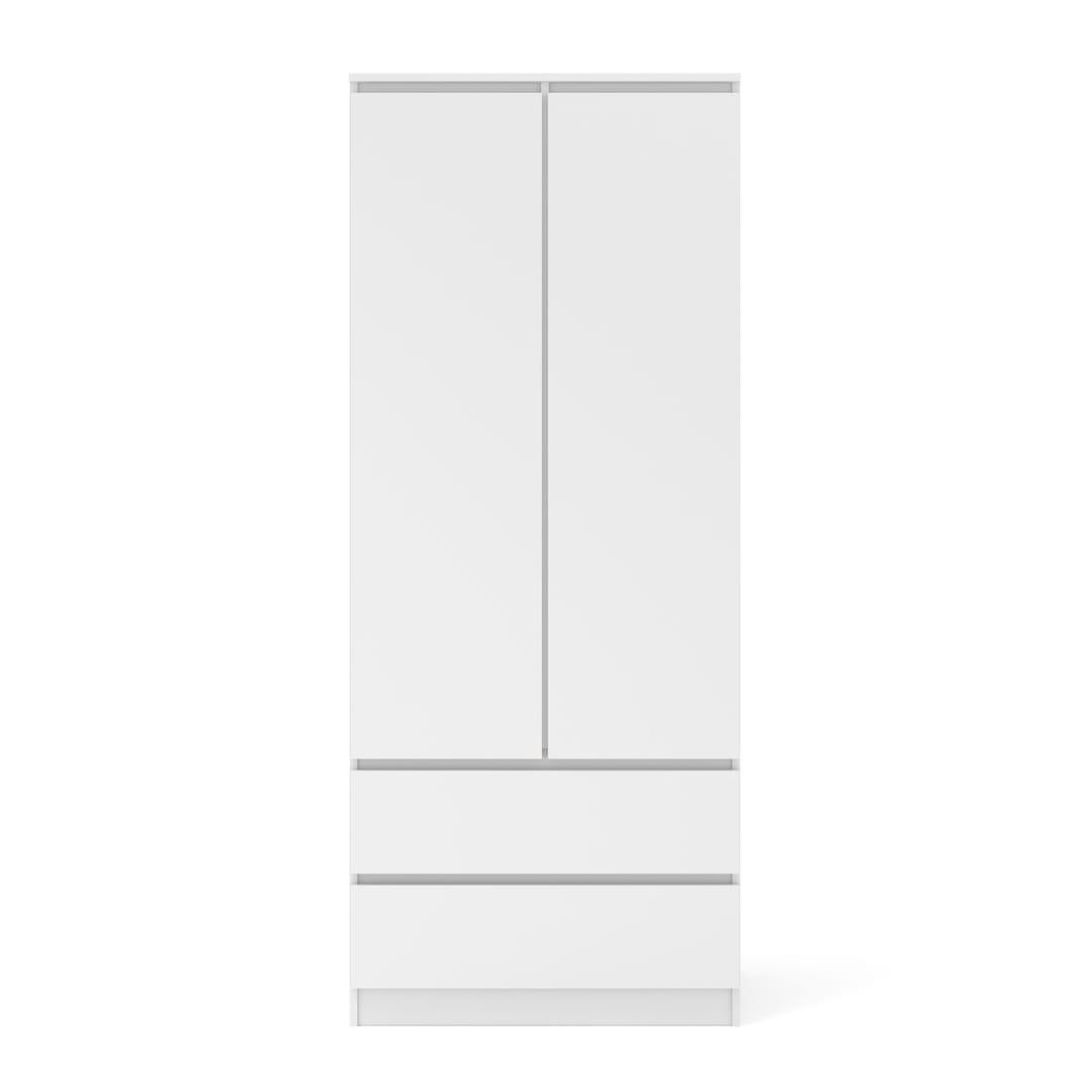 A white hinged wardrobe with two doors and two drawers closed