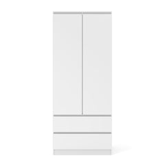 A white hinged wardrobe with two doors and two drawers closed