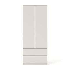 A light cream hinged wardrobe with two doors and two drawers closed