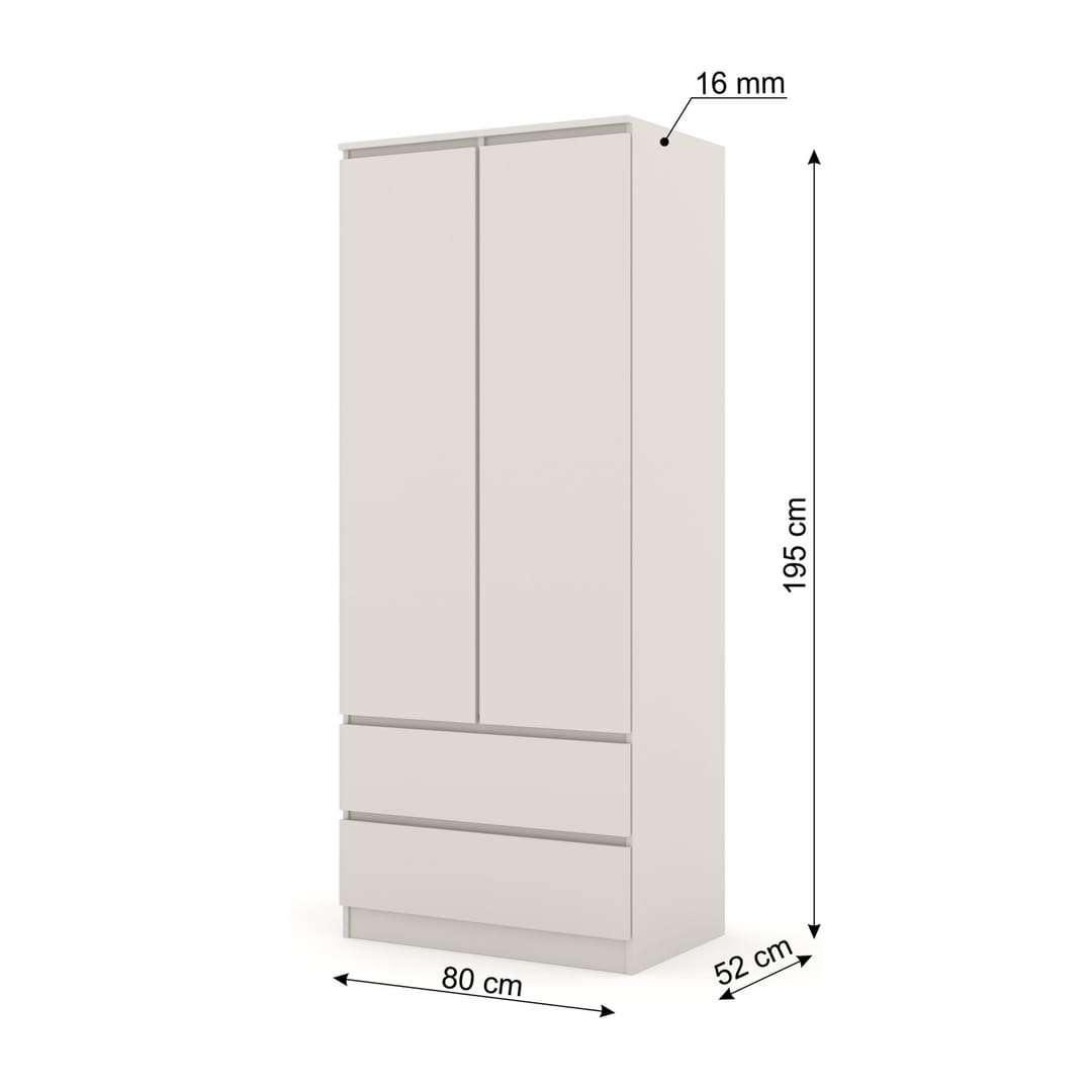 The hinged wardrobe in light cream with dimensions shown