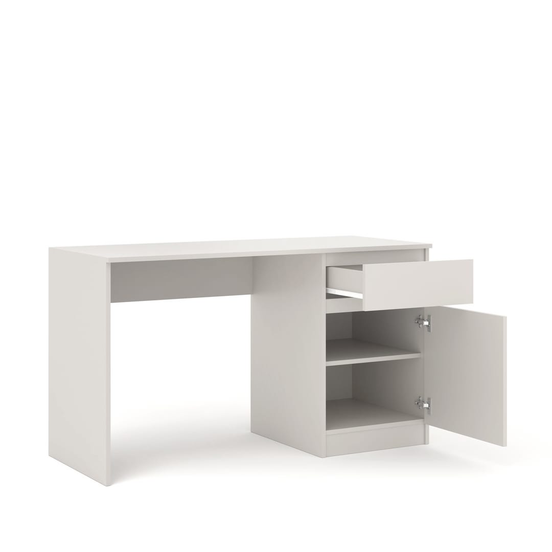 The desk with the drawer and cupboard door open to show the internal compartments