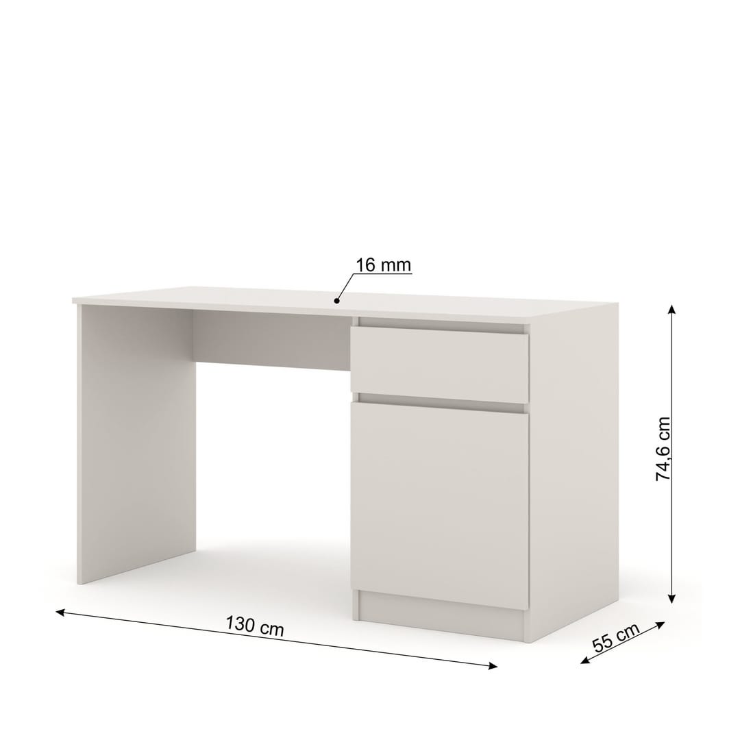 The white desk shown from the front with arrows indicating its dimensions