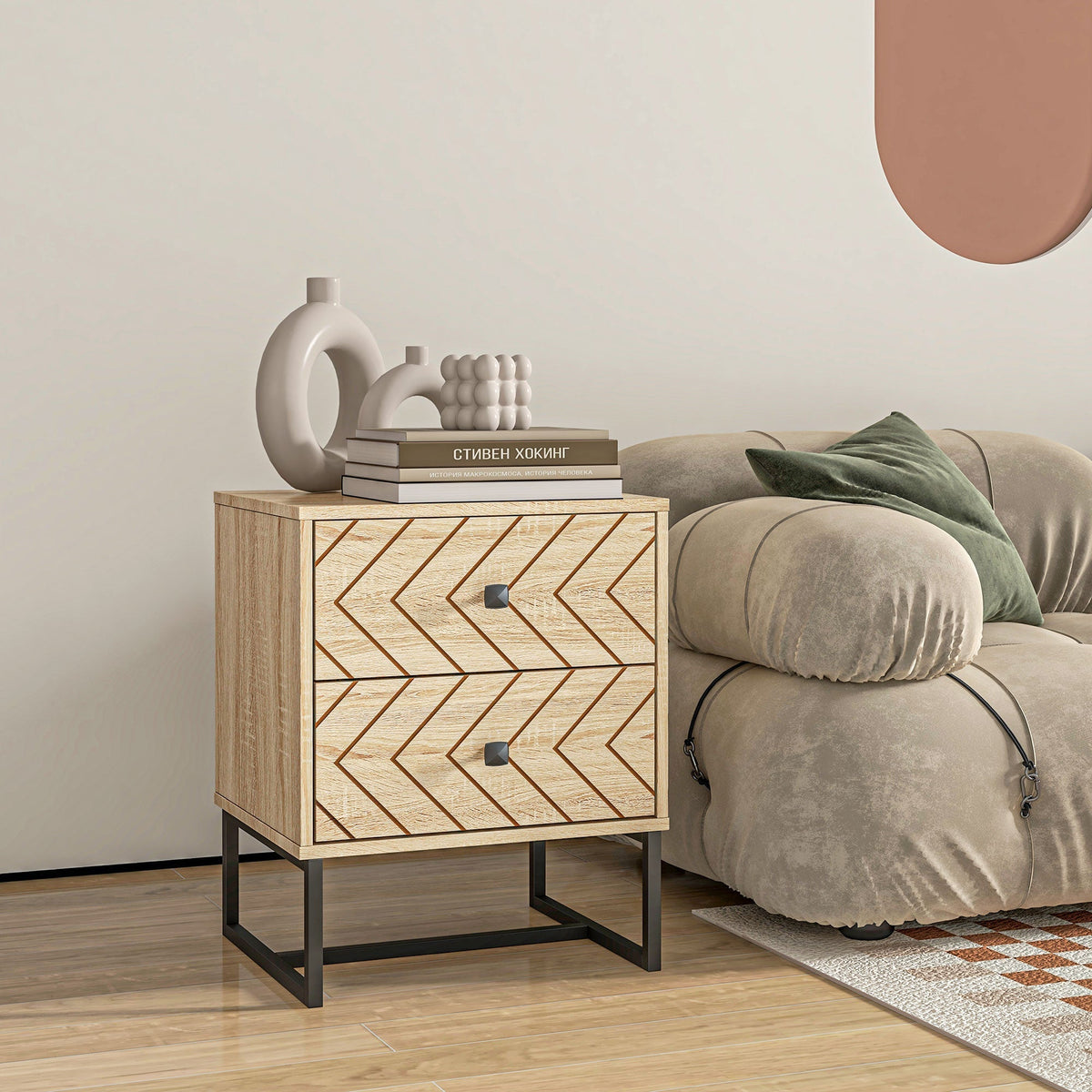 HOMCOM Bedside Table Nightstand Two-Drawer Bedroom Storage Unit Zig Zag Design with Black Metal Handles, Natural