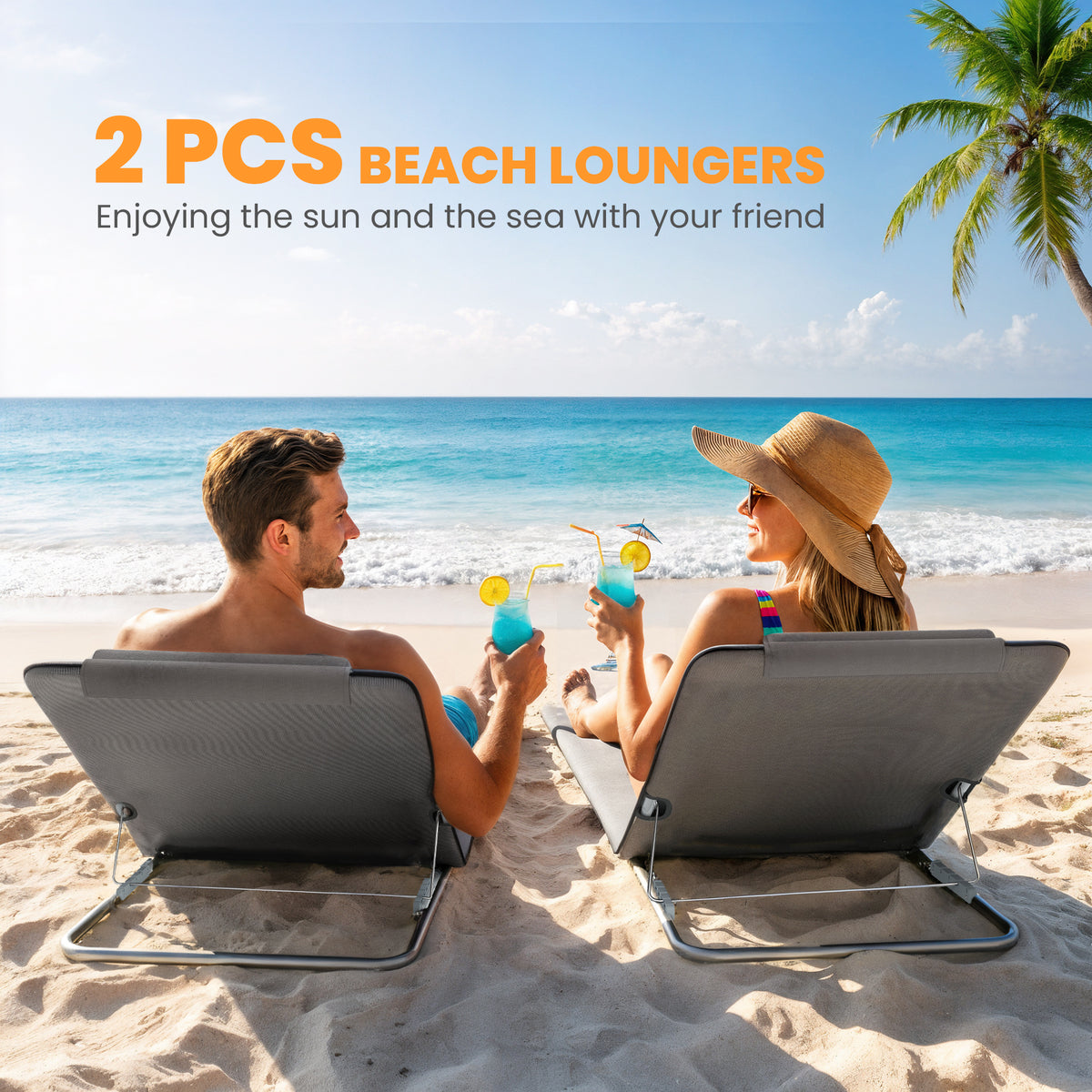 Outsunny Set of 2 Foldable Garden Beach Chair Mat Lightweight Outdoor Sun Lounger Seats Adjustable Back Metal Frame PE Fabric Head Pillow w/ Carry Bag,Grey